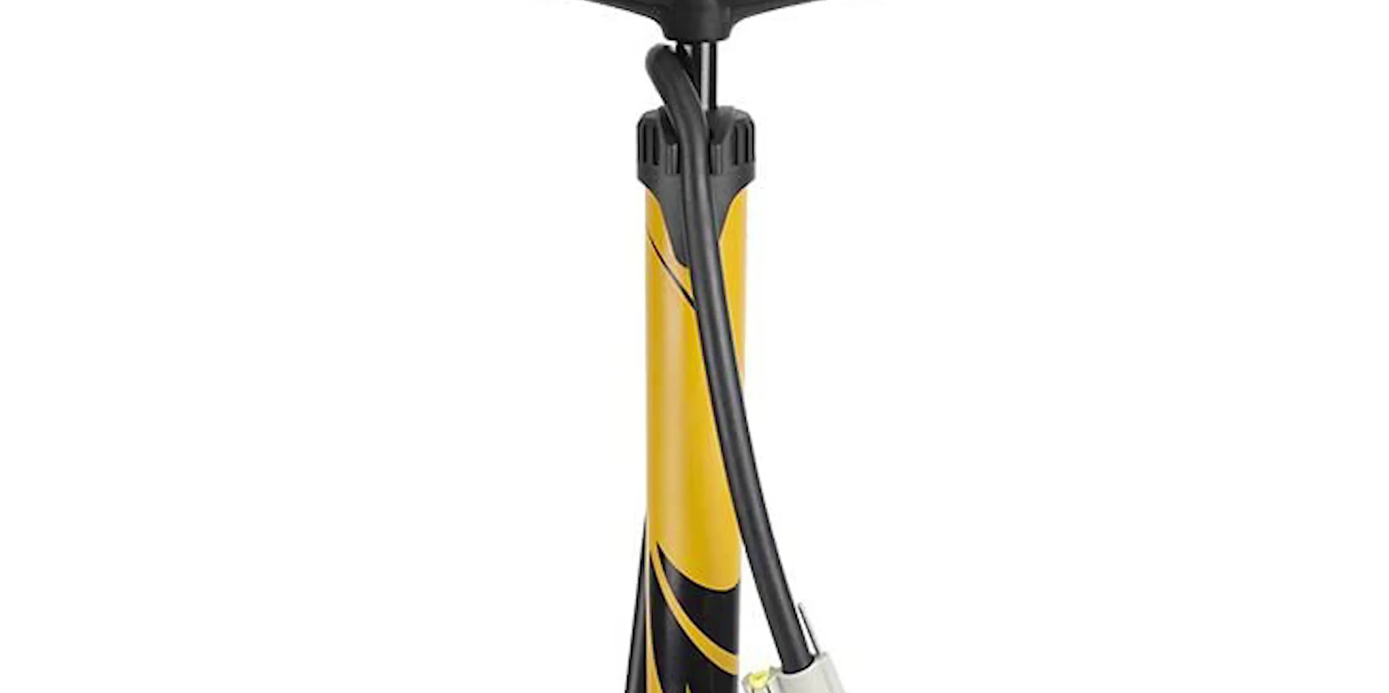 Close-up of the BV GF55P Steel Alloy floor pump, highlighting the dual-head design