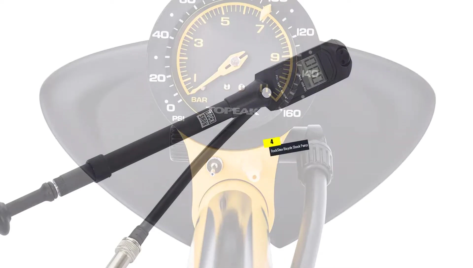Rockshox Bicycle Shock Pump with digital gauge displayed