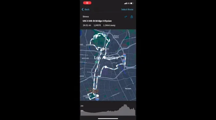 Checking the Wahoo app for route confirmation. The app shows the correct route, indicating an issue with the head unit.