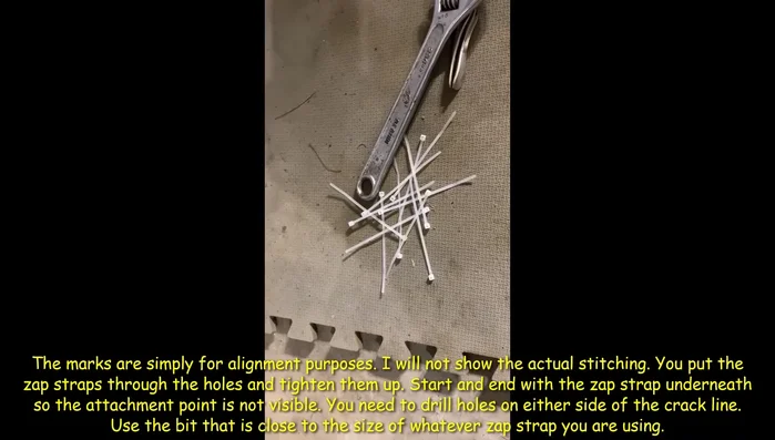 Stitch the broken parts together using small zip ties.