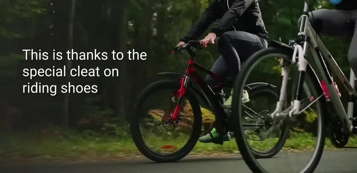 The cleat on the riding shoes clips onto the pedal, attaching it to the base of your foot.