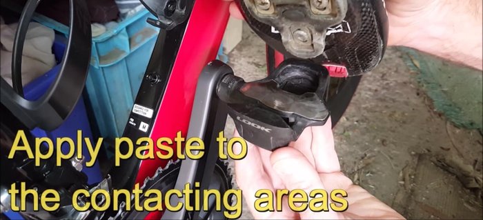 Apply a thin layer of paste to the contact points on the cleat (where it meets the pedal): the main contact areas and underneath the tongue.