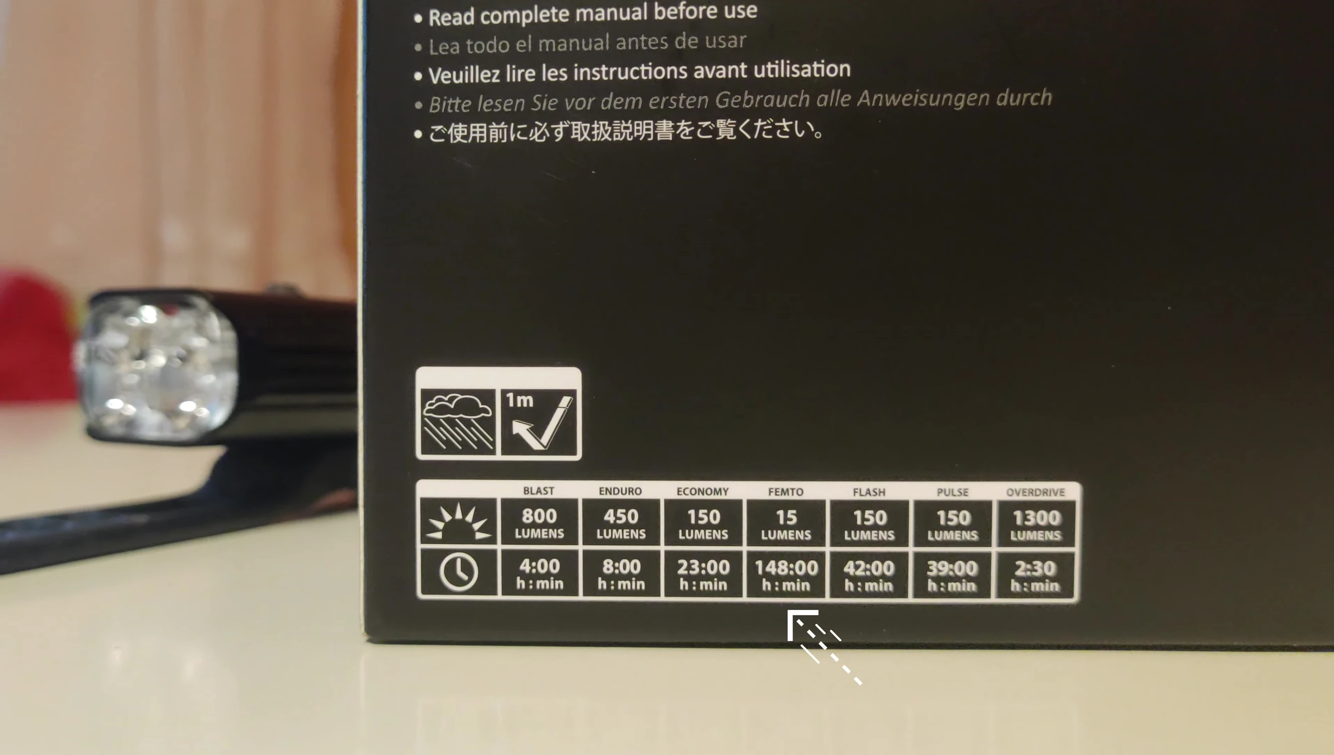 Screen display showing the impressive battery life on the lowest setting
