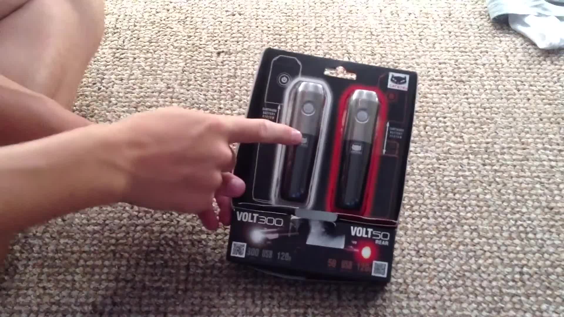 The Cateye Volt 50 rear light shown in its packaging.