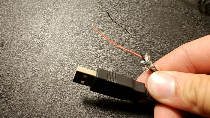 Prepare the cables: Keep only the red (positive) and black (negative) wires from the microUSB cable. Cut off the green and white wires.