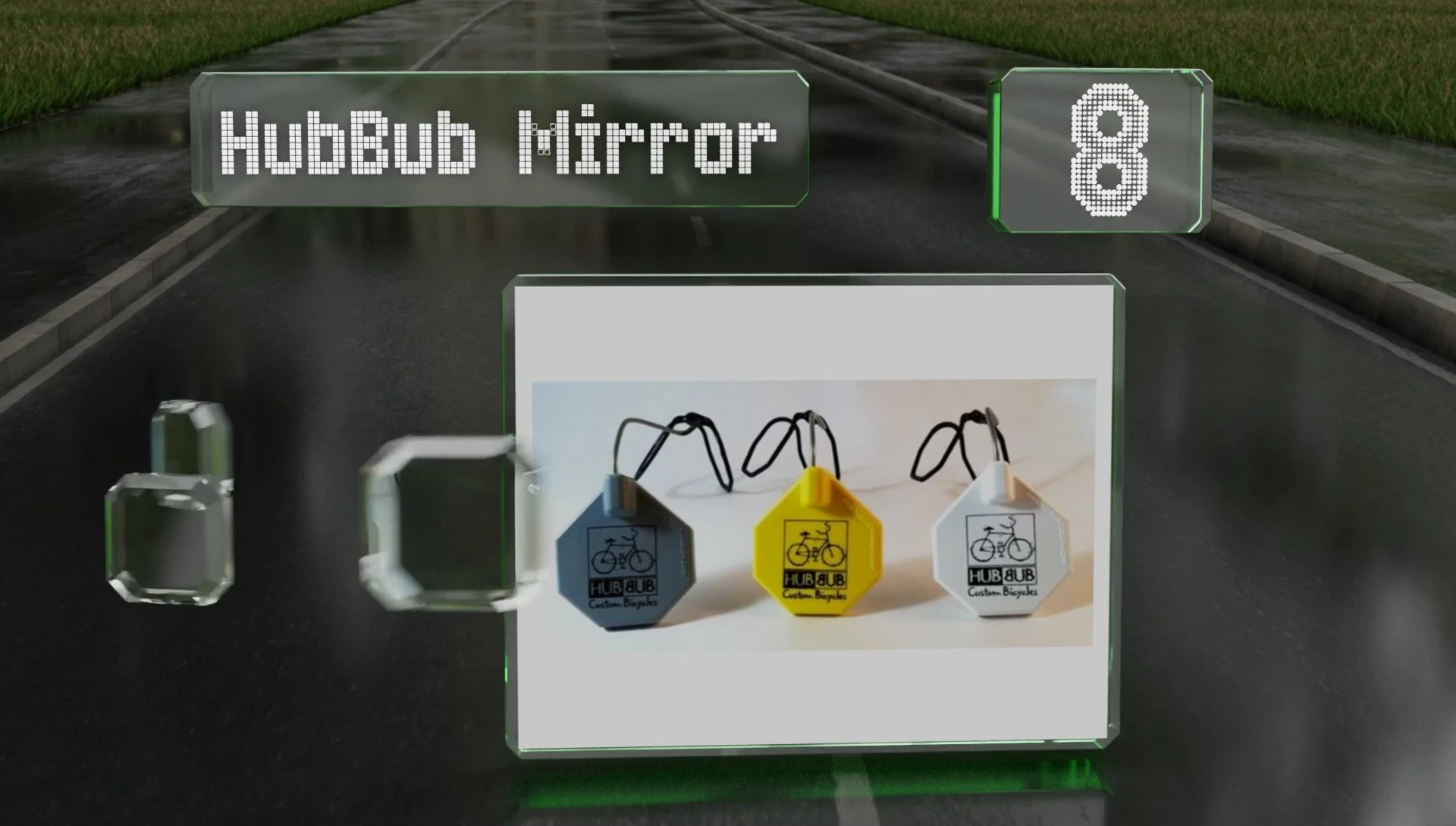 Close-up of the Compact Hubbub Mirror highlighting its compact size.