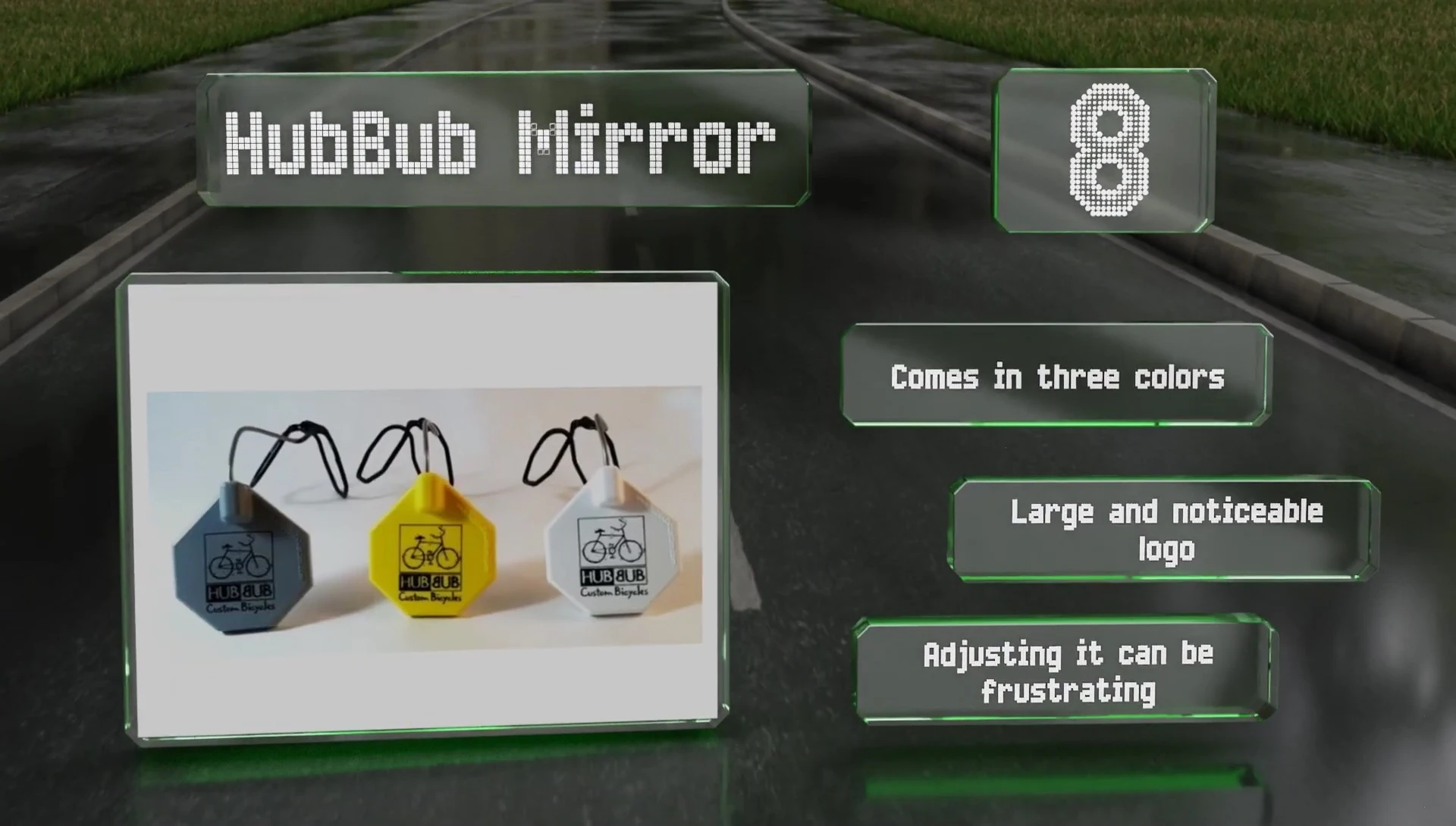 Shot showing the Hubbub Mirror's noticeable logo on a helmet.