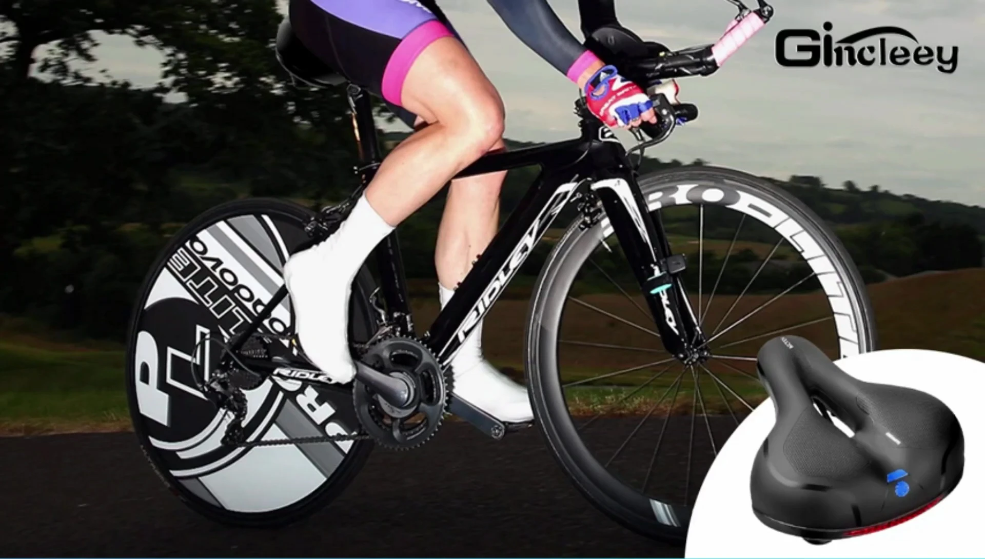 Gin Clay bike seat highlighting its memory foam padding and design.