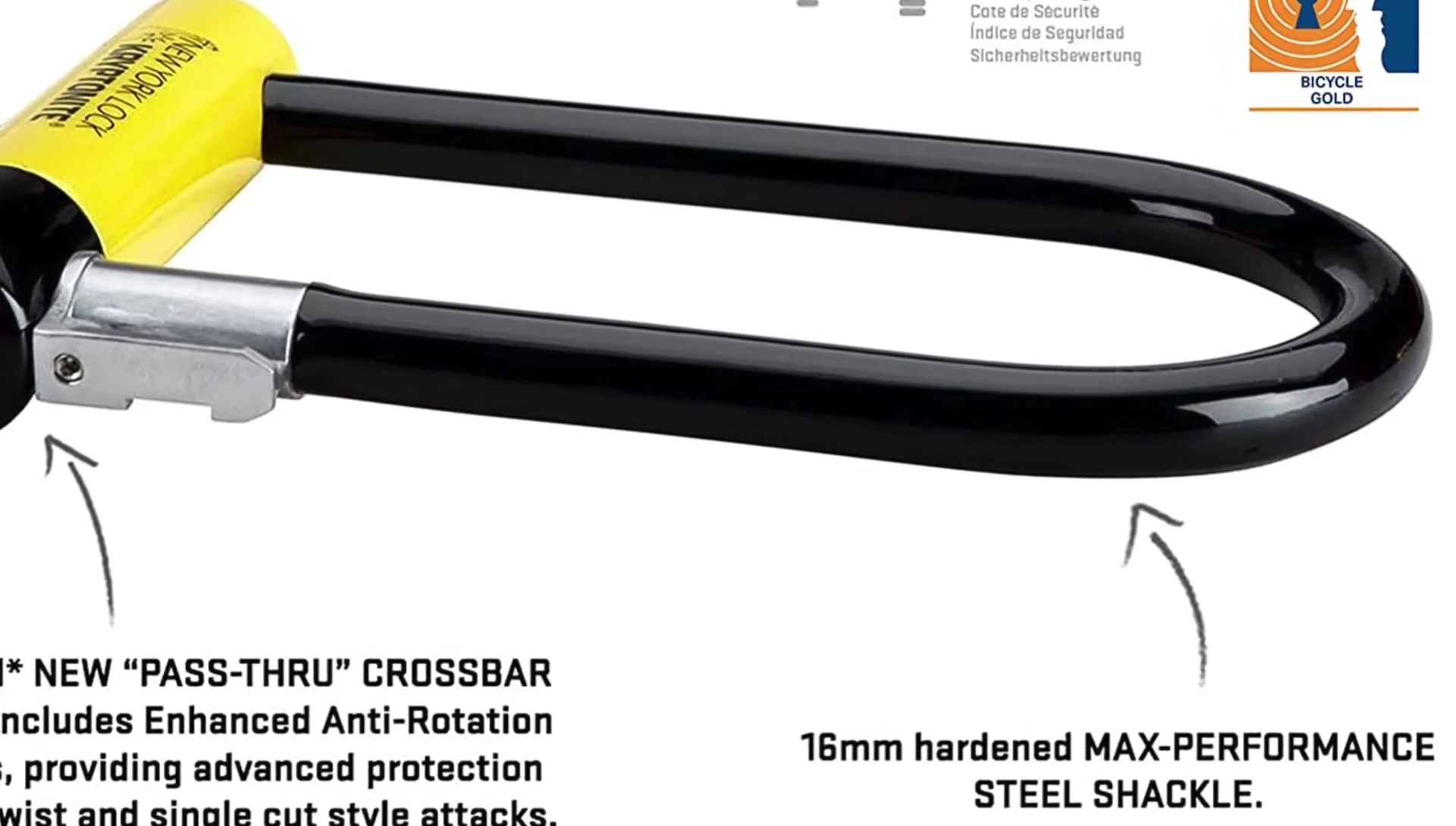 Close-up highlighting the 18mm hardened steel shackle
