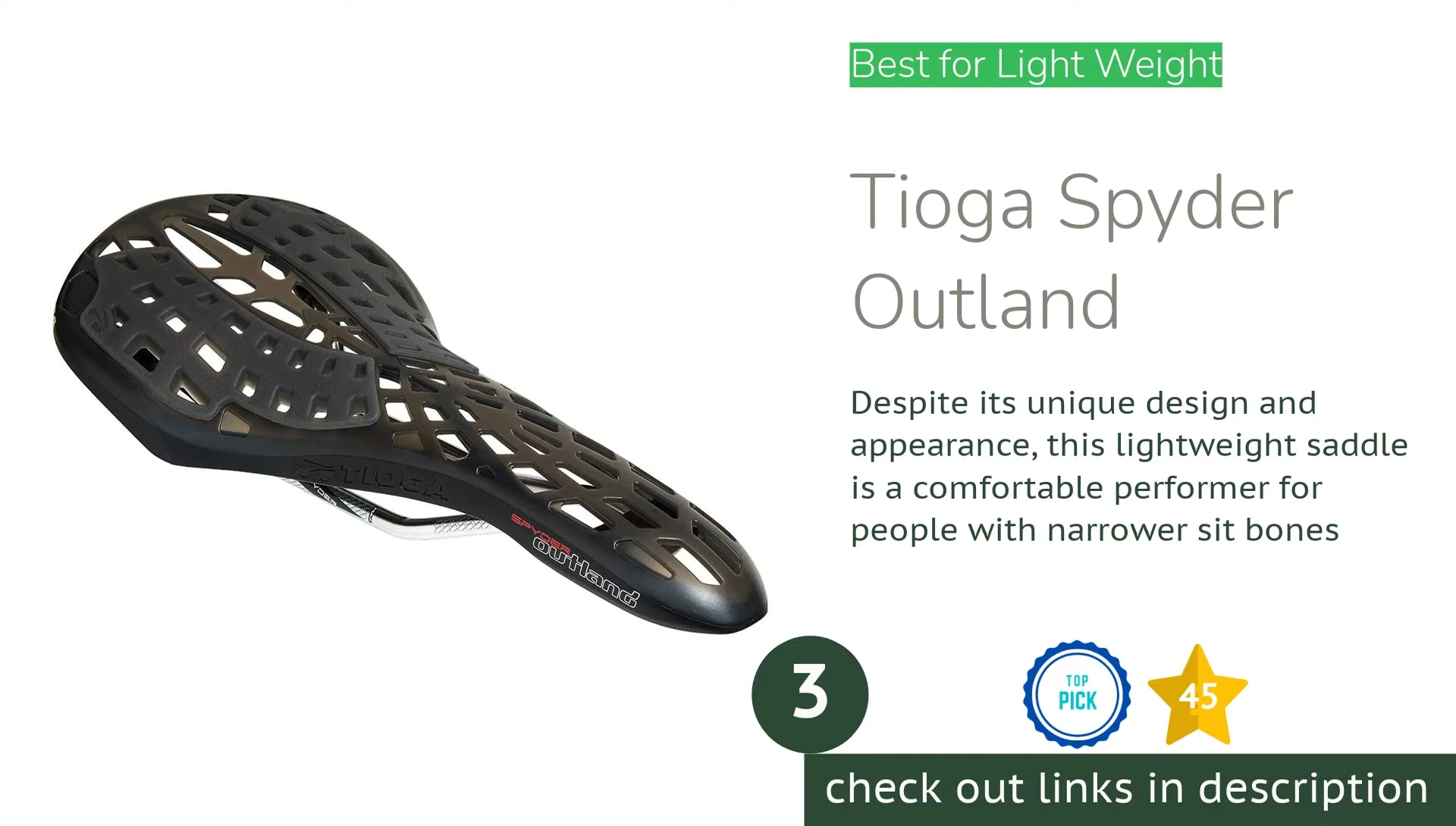 The distinctive design of the Tioga Spider Outland saddle