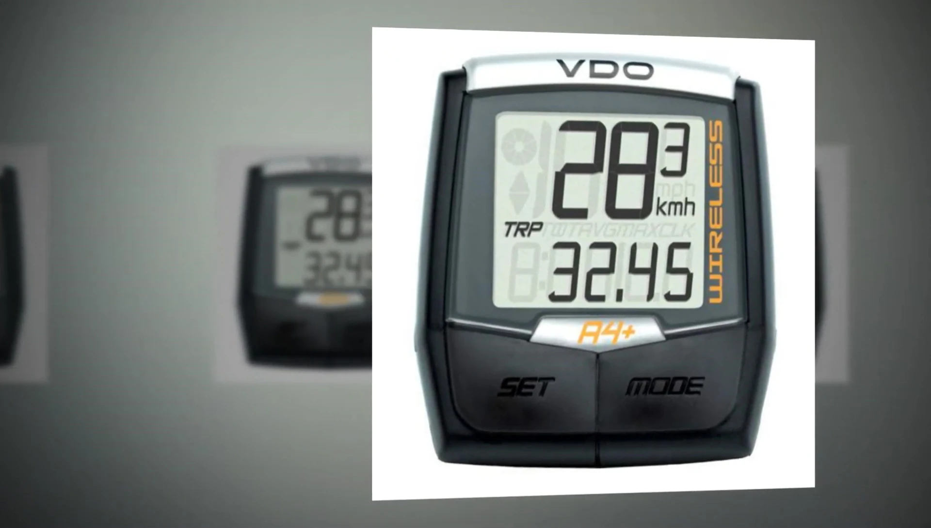 A close-up of the VDO A4+ showing the display