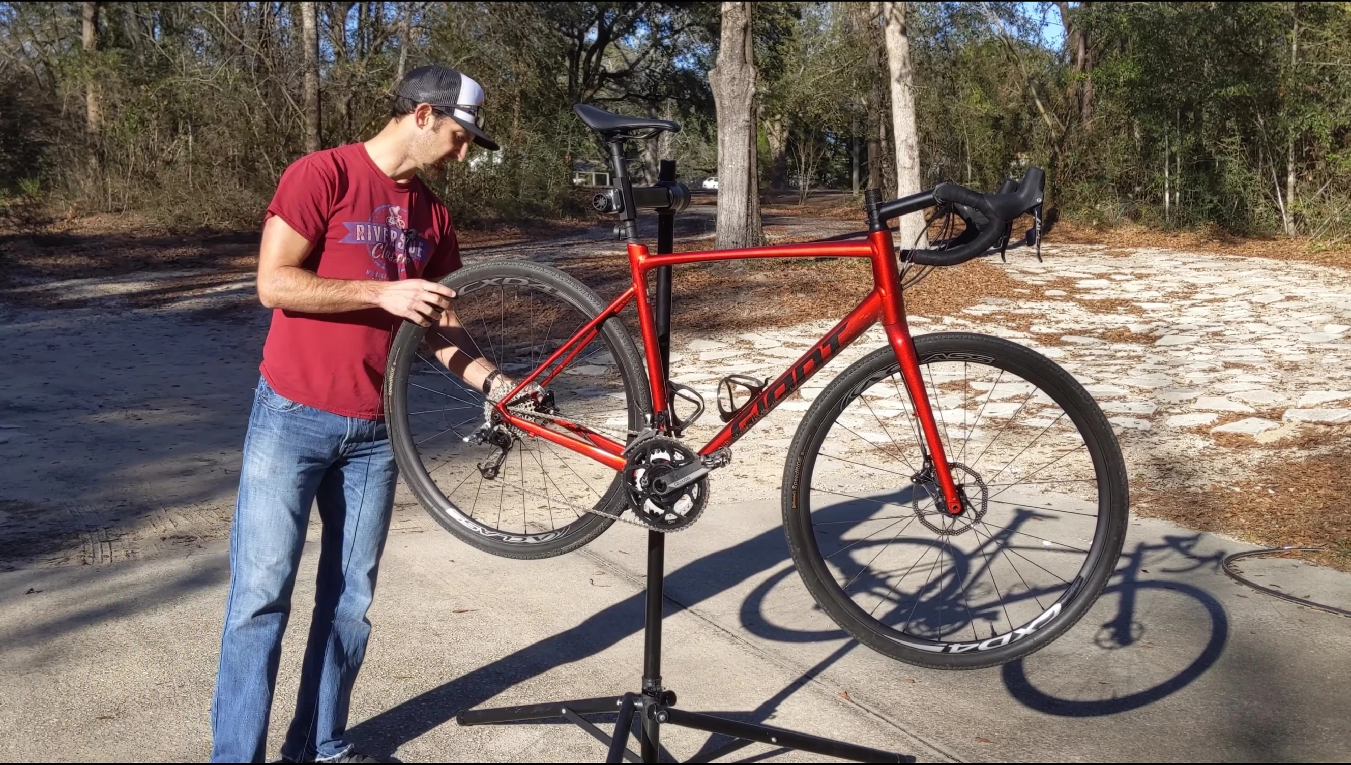 Removing the wheel from the bike.