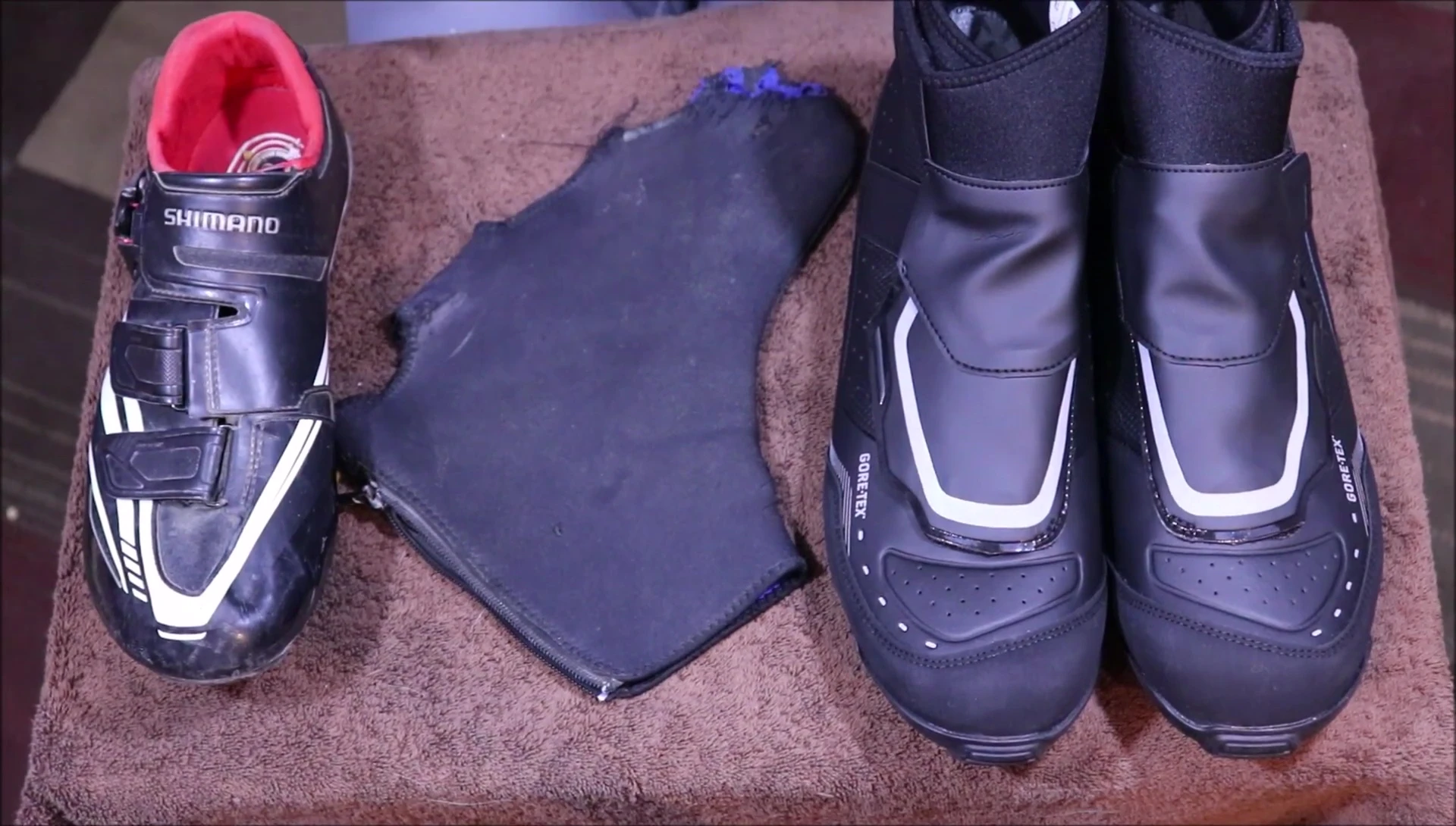 Comparison shot of summer and winter cycling shoes.
