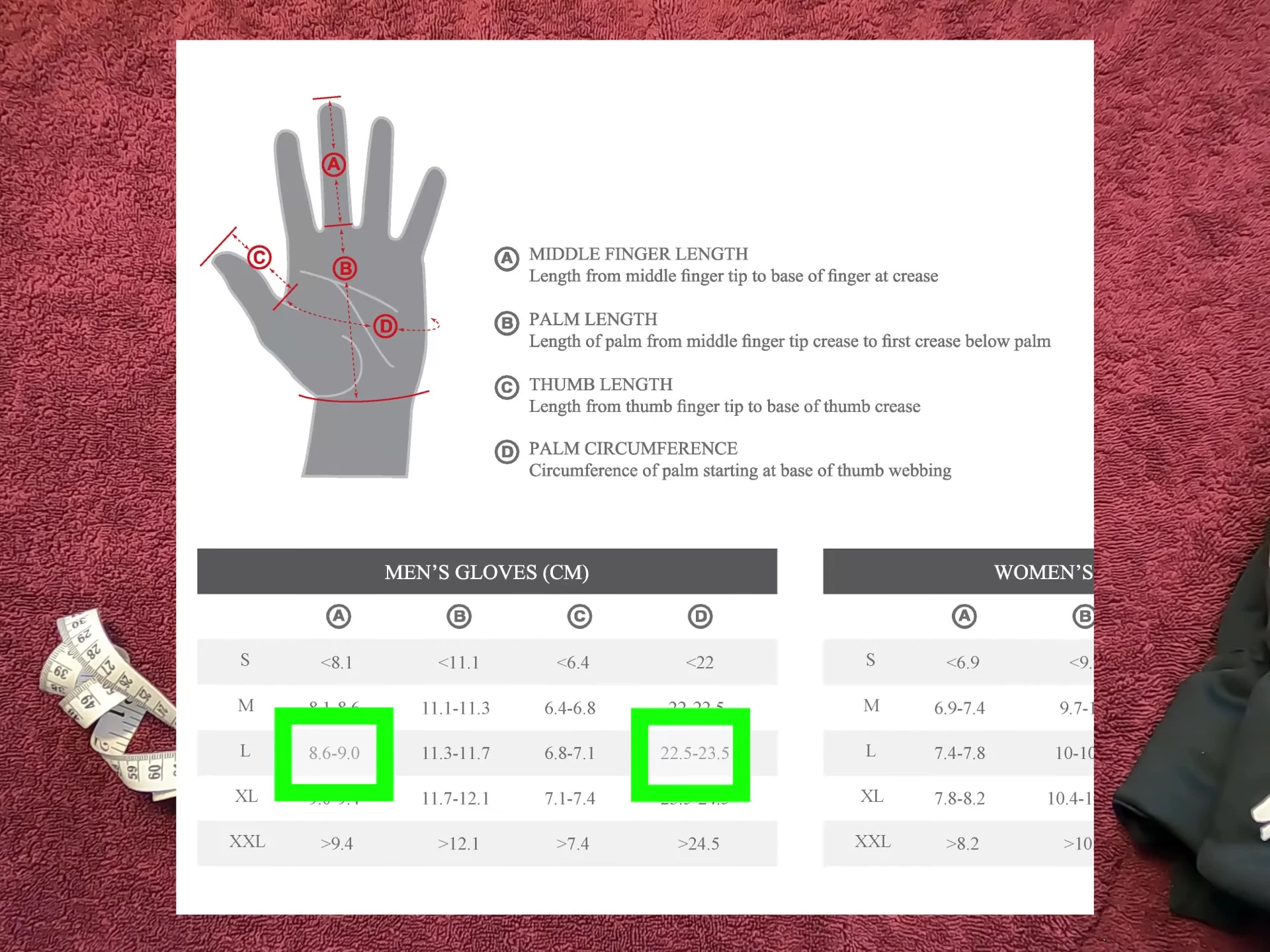 Screenshot of the Specialized sizing chart