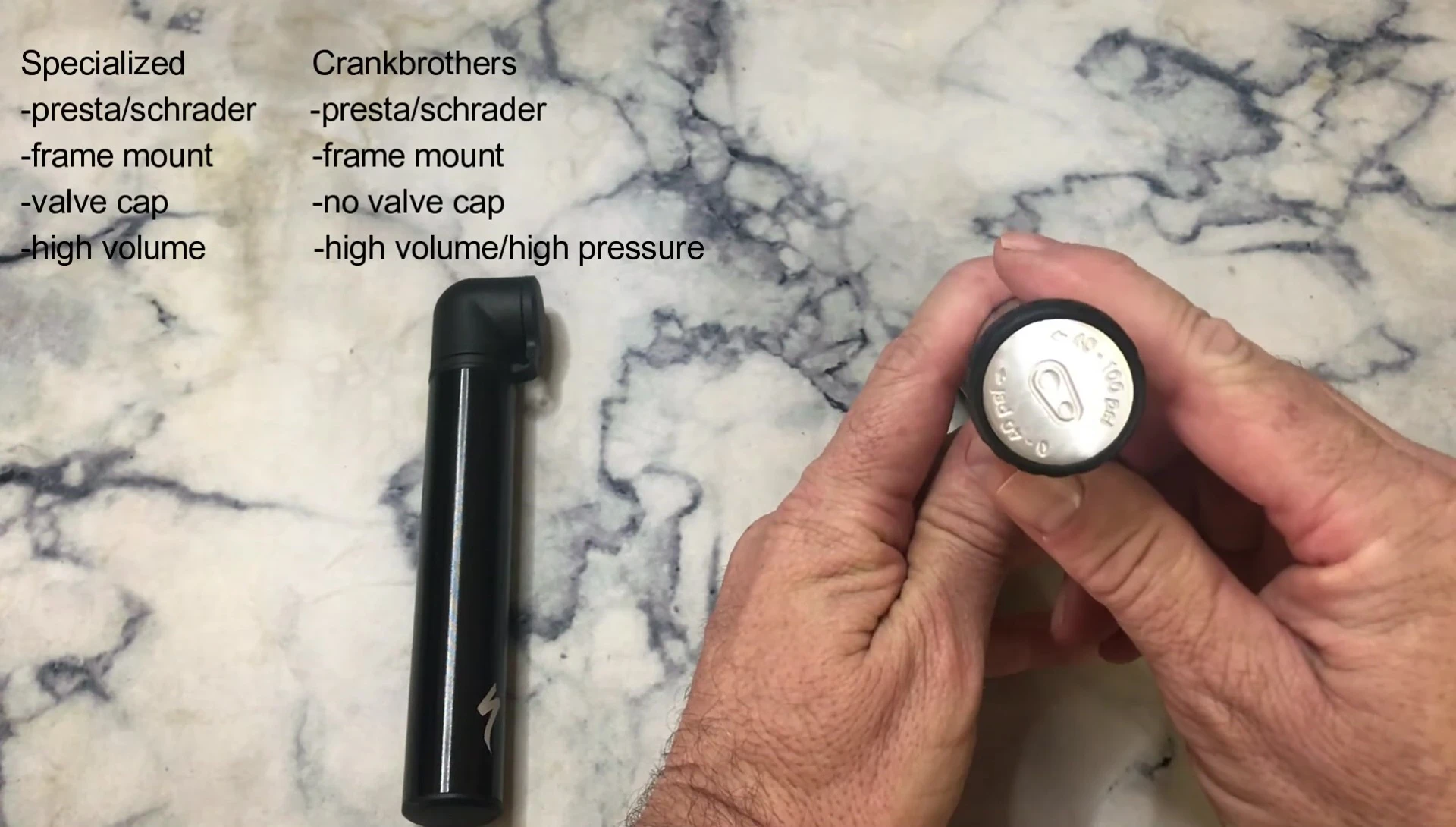 Crankbrothers pump showing the dual-chamber switch