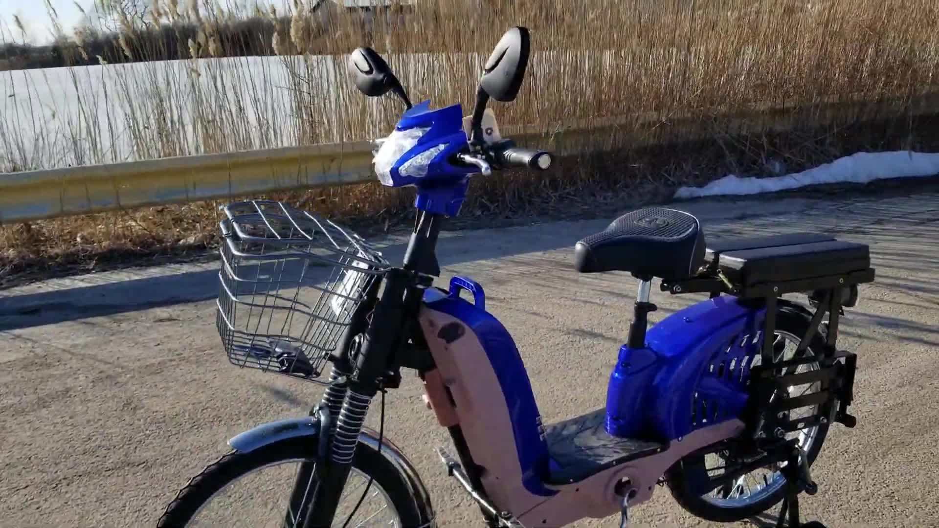 Close-up of the 500 Watt Chopstick electric scooter, showcasing its blue color and overall design.