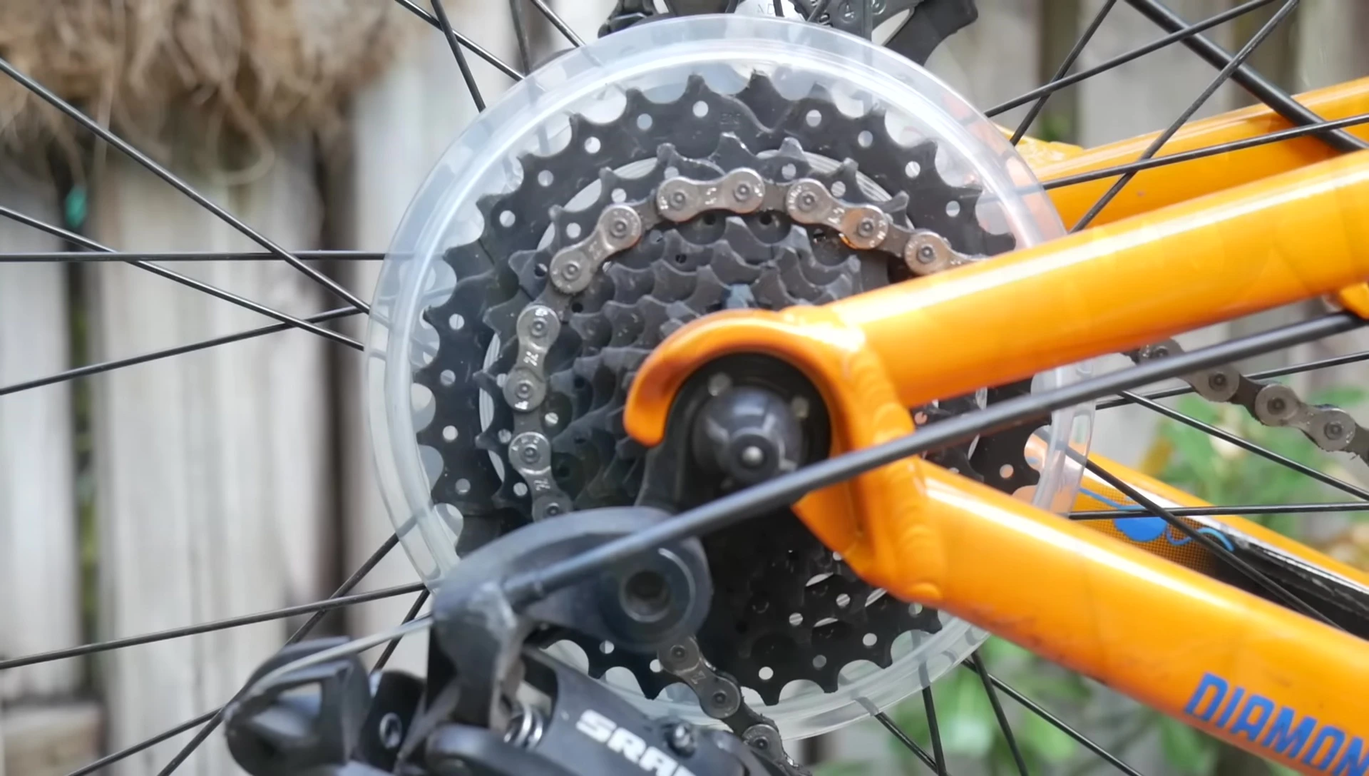 A Dork Disc on a bicycle wheel.