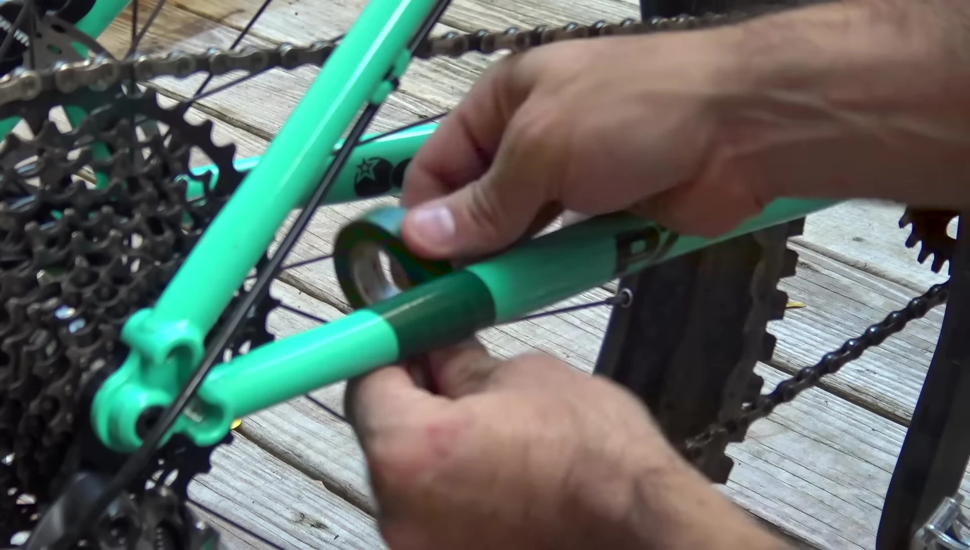 Electrical tape applied to the chain stay for protection.