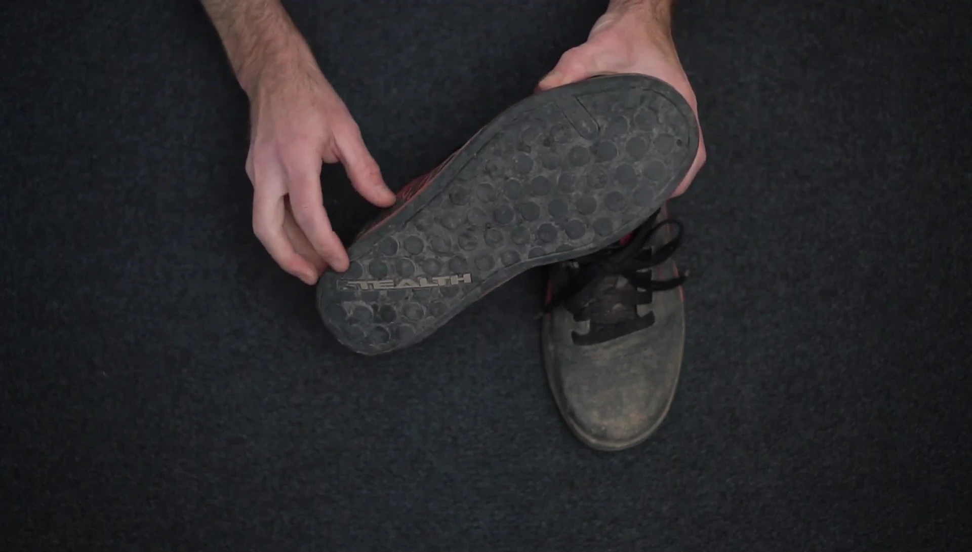 Close-up of the Five Ten Freerider Pro outsole showing the Stealth S1 Dotty rubber.