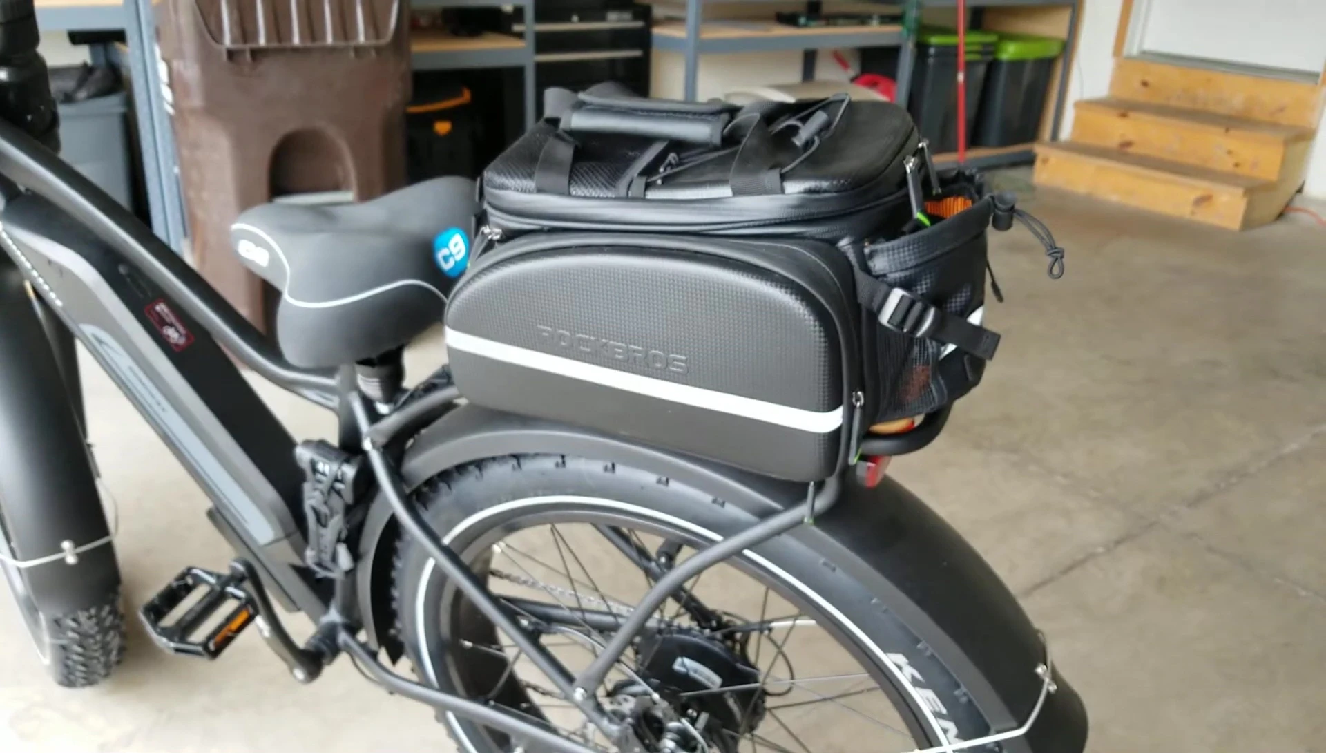The bag mounted on the bike rack