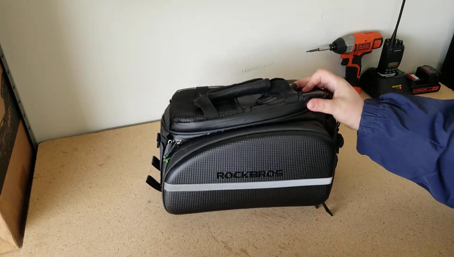 Close-up shot of the Rockbros logo and reflective strip