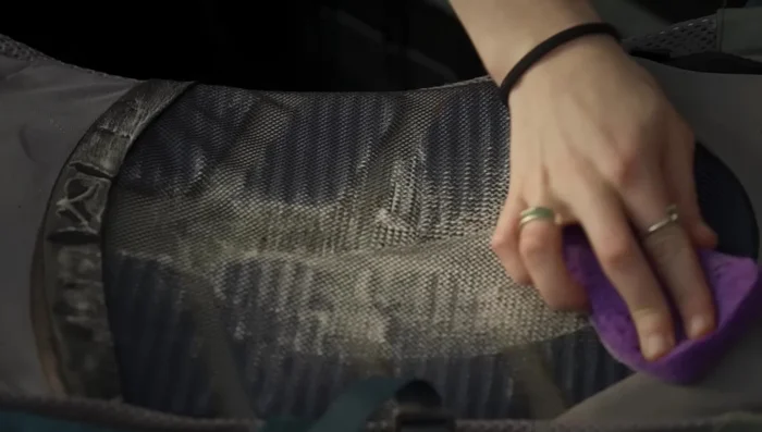 Pay special attention to areas that collect wetness (back-panel, shoulder straps, hip belt). Use a little soap and a sponge to freshen them up.