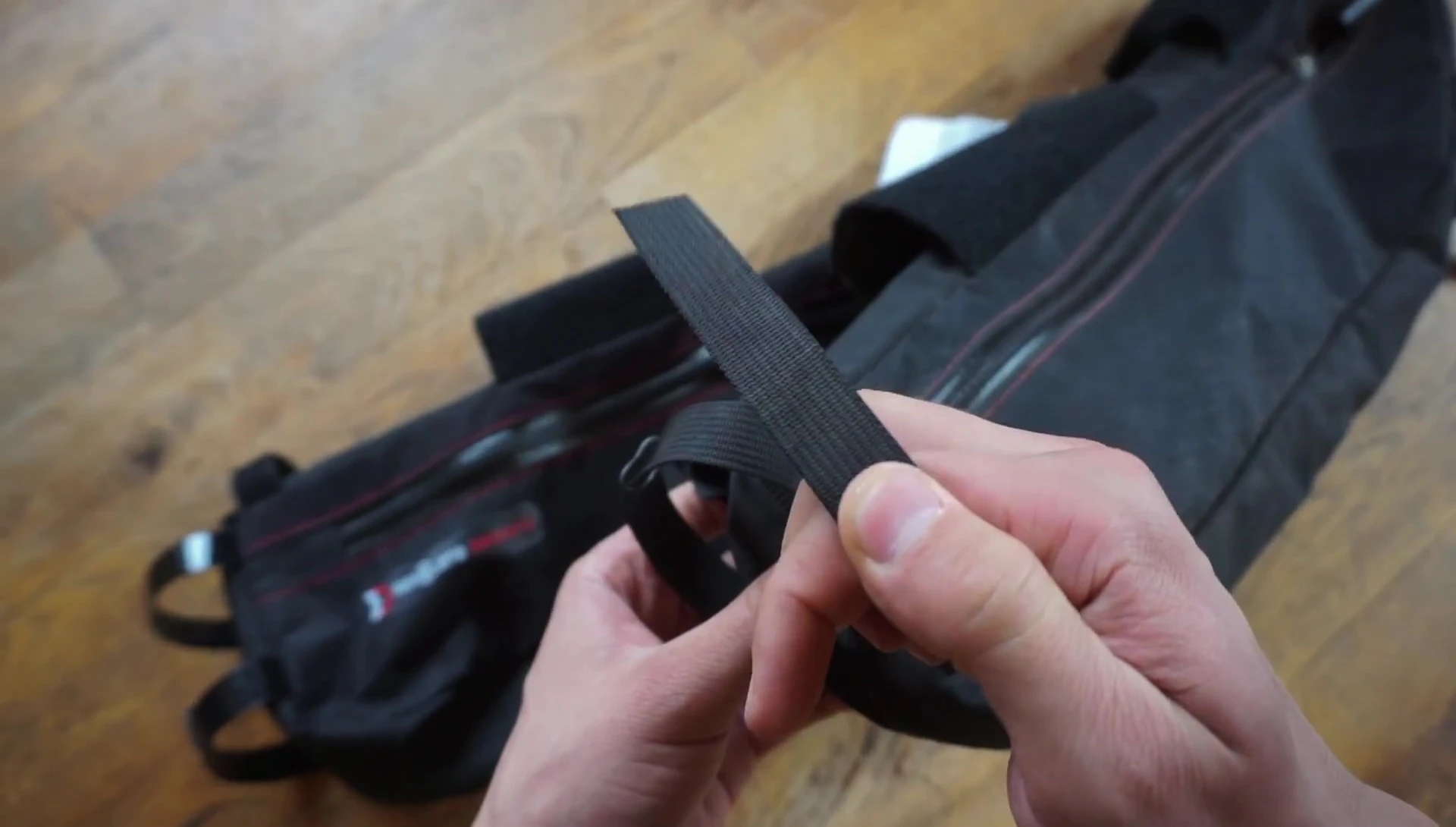 Close-up of the urethane-coated webbing straps on the new Revelate Designs Tangle.
