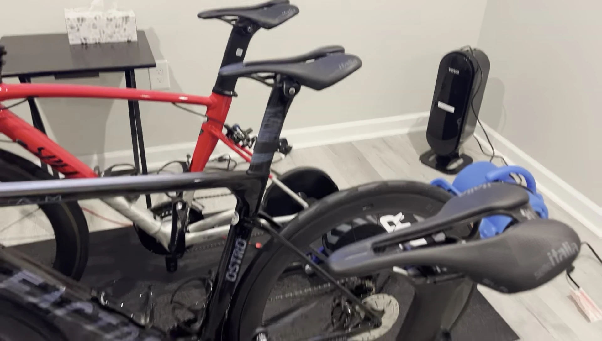 The cyclist's collection of road bikes.