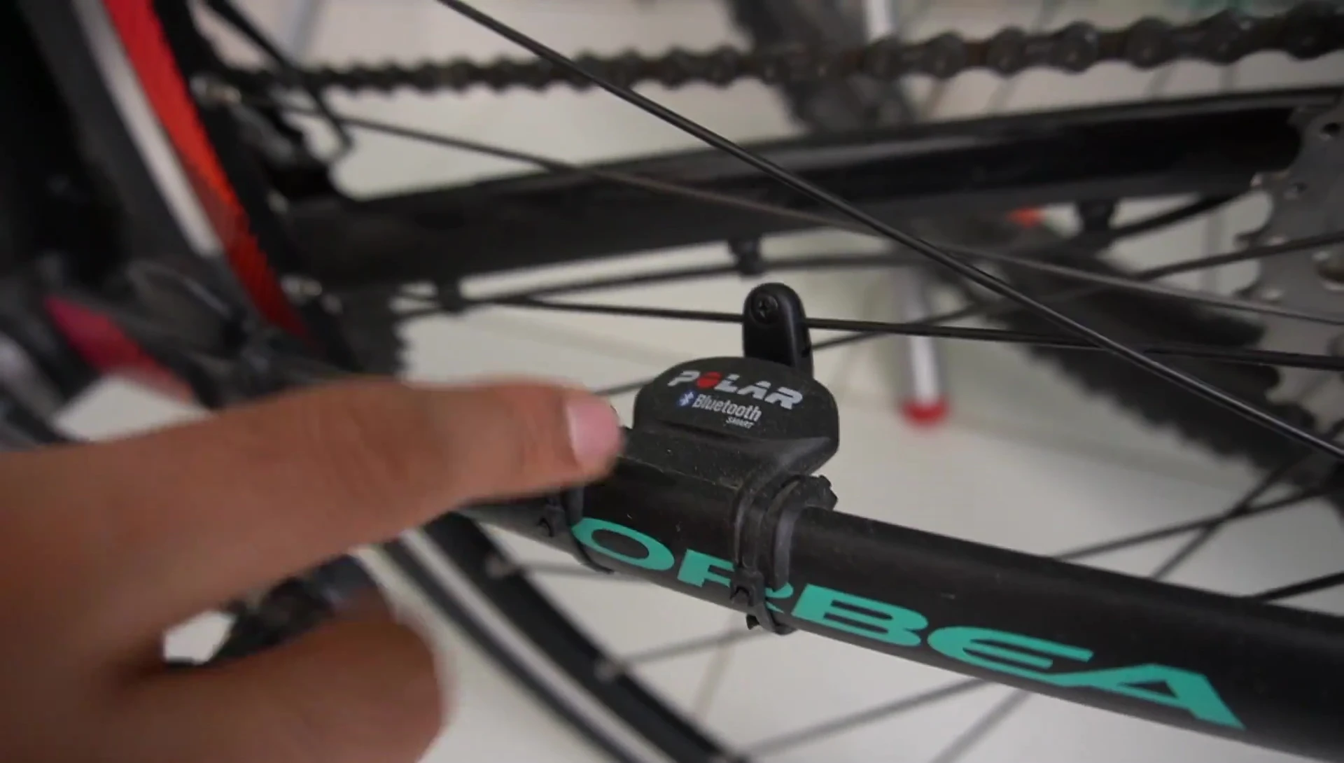 The Polar speed and cadence sensor showing the separate magnet and sensor components.