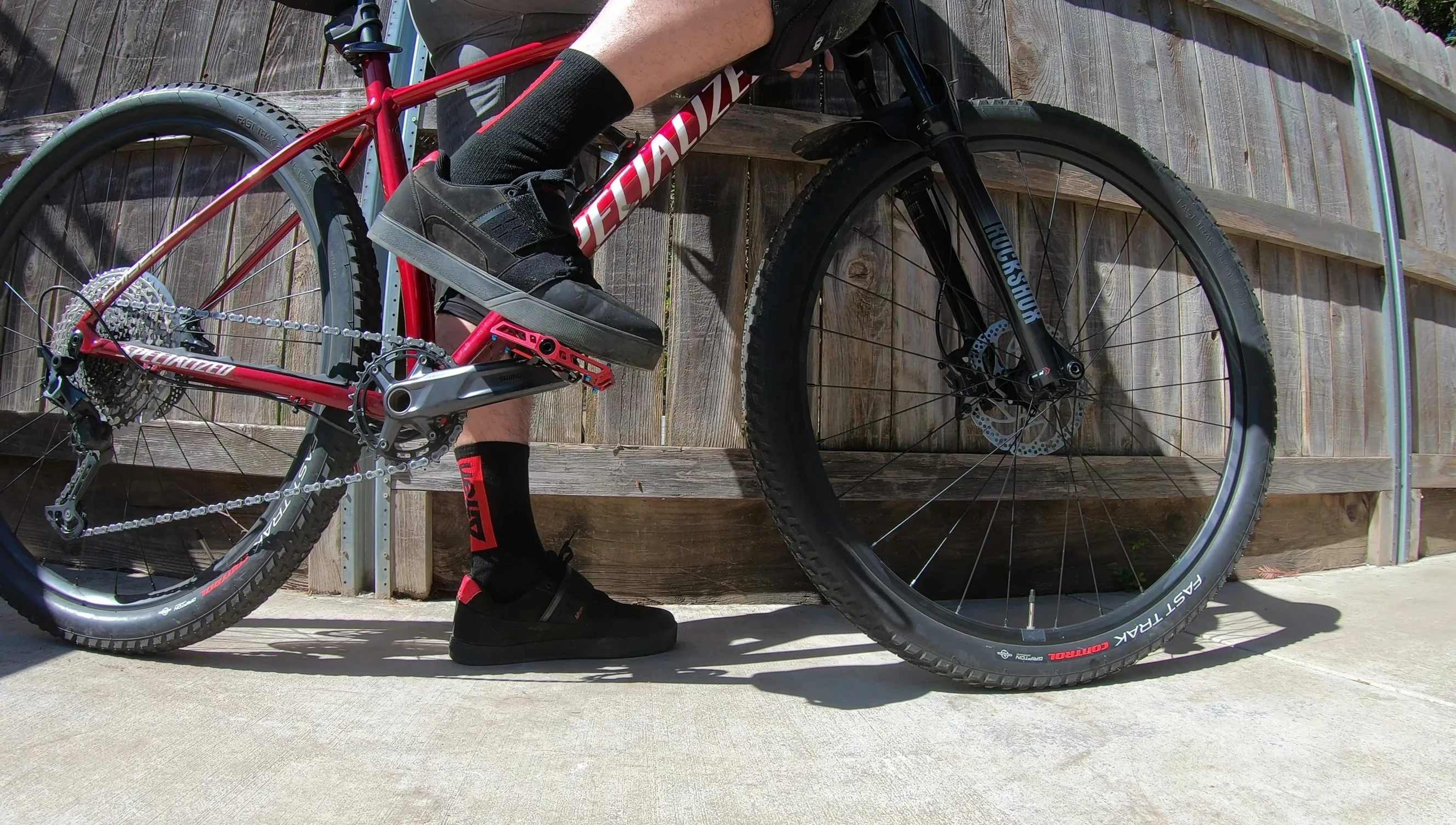 Shot demonstrating the rider's foot safely planted on the pedal platform.