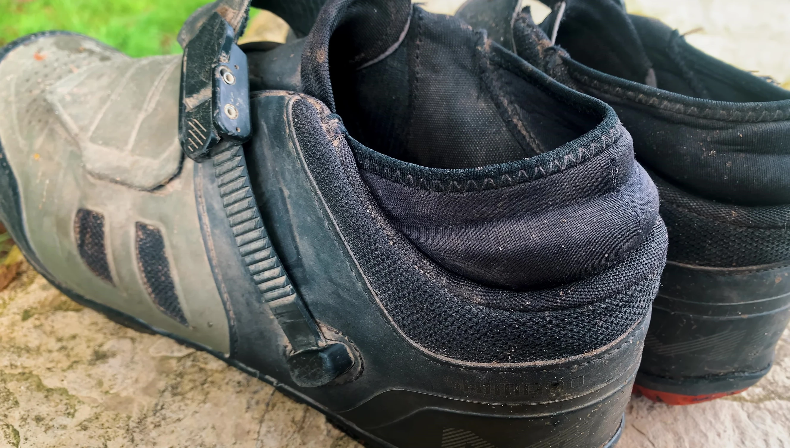 Close-up of the worn Shimano ME7 shoes