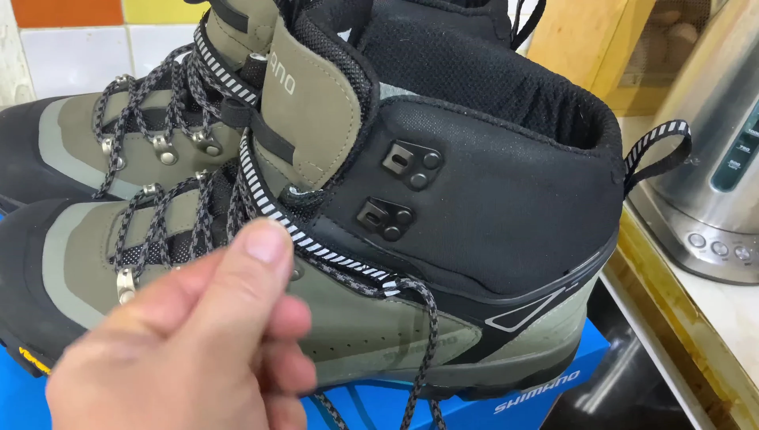 Detailed view of the shoe's tightening mechanism