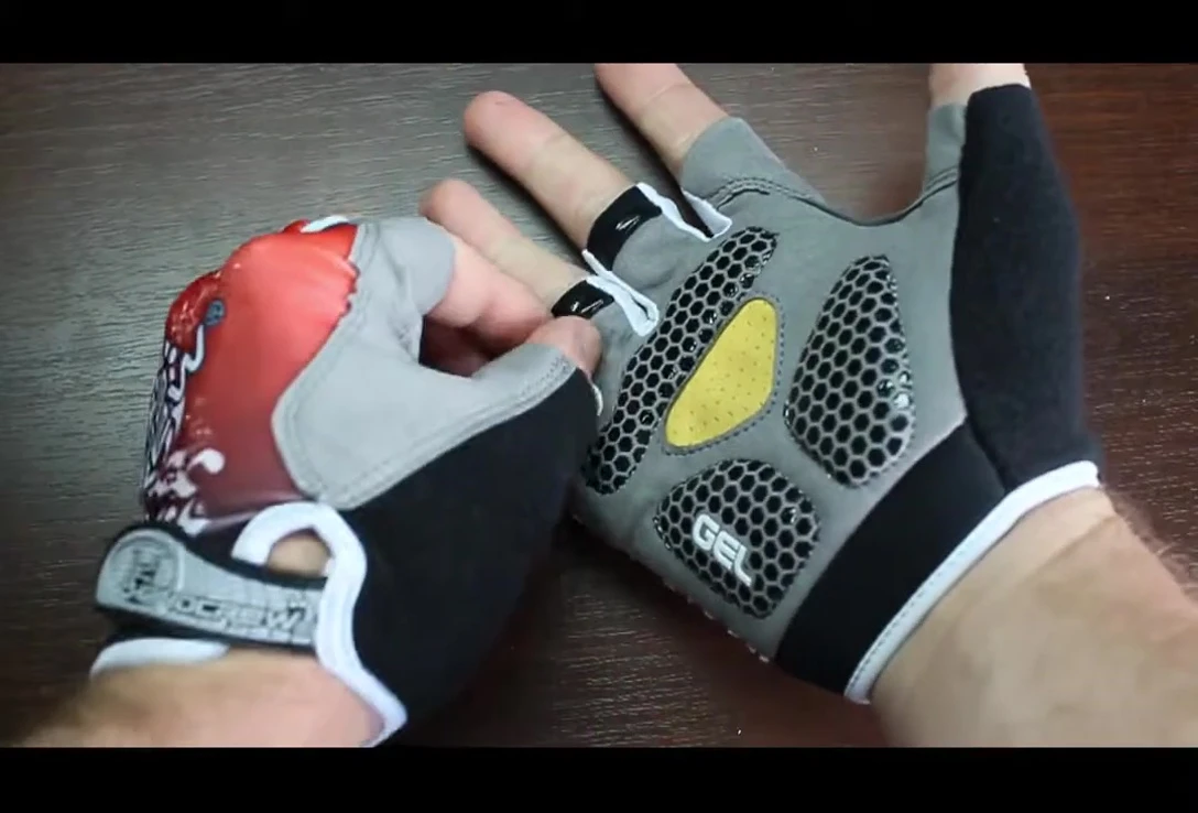 Close-up view of the special inserts on the gloves' palms.
