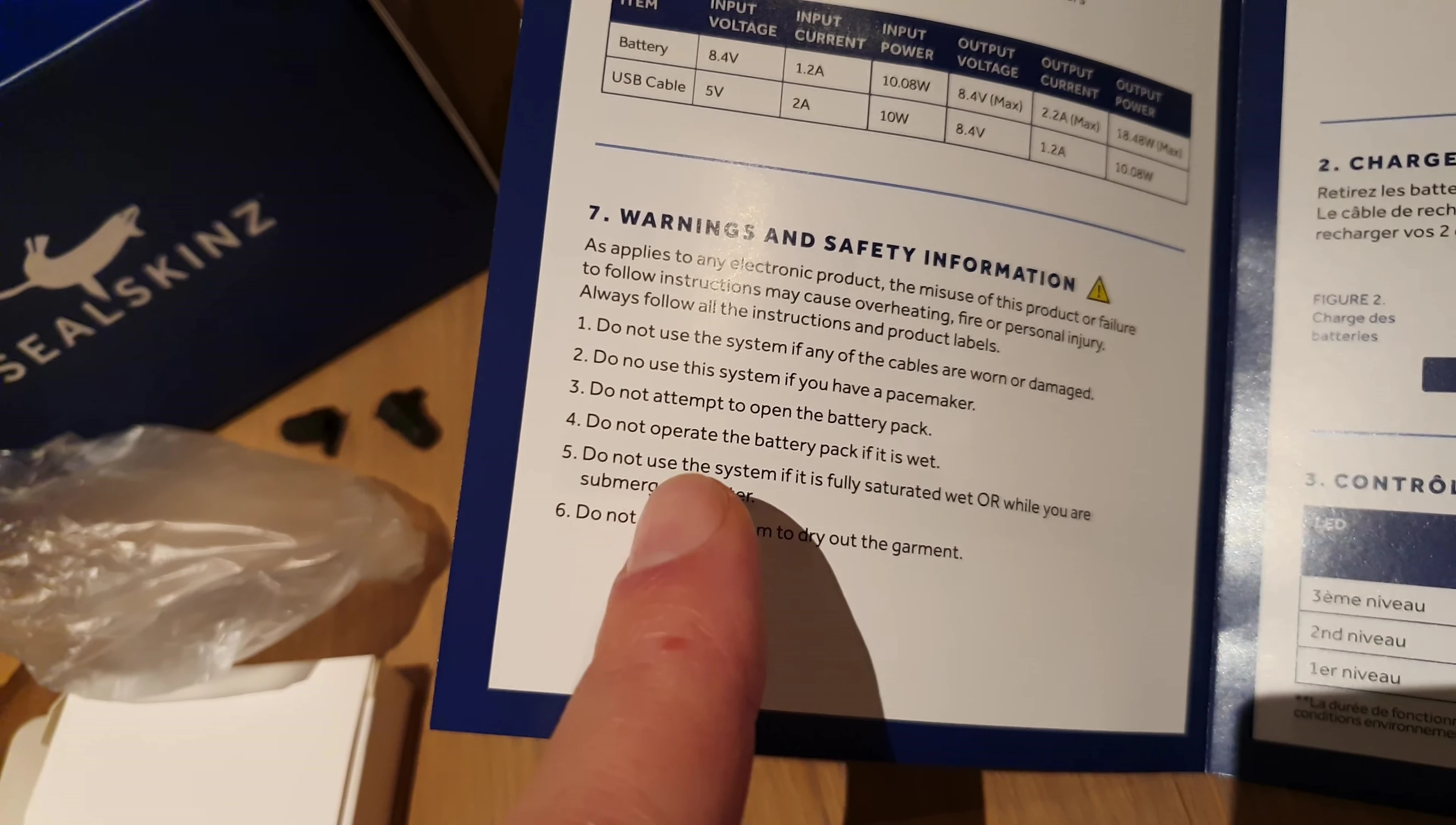 Shot of the glove's packaging, with warnings about water saturation.