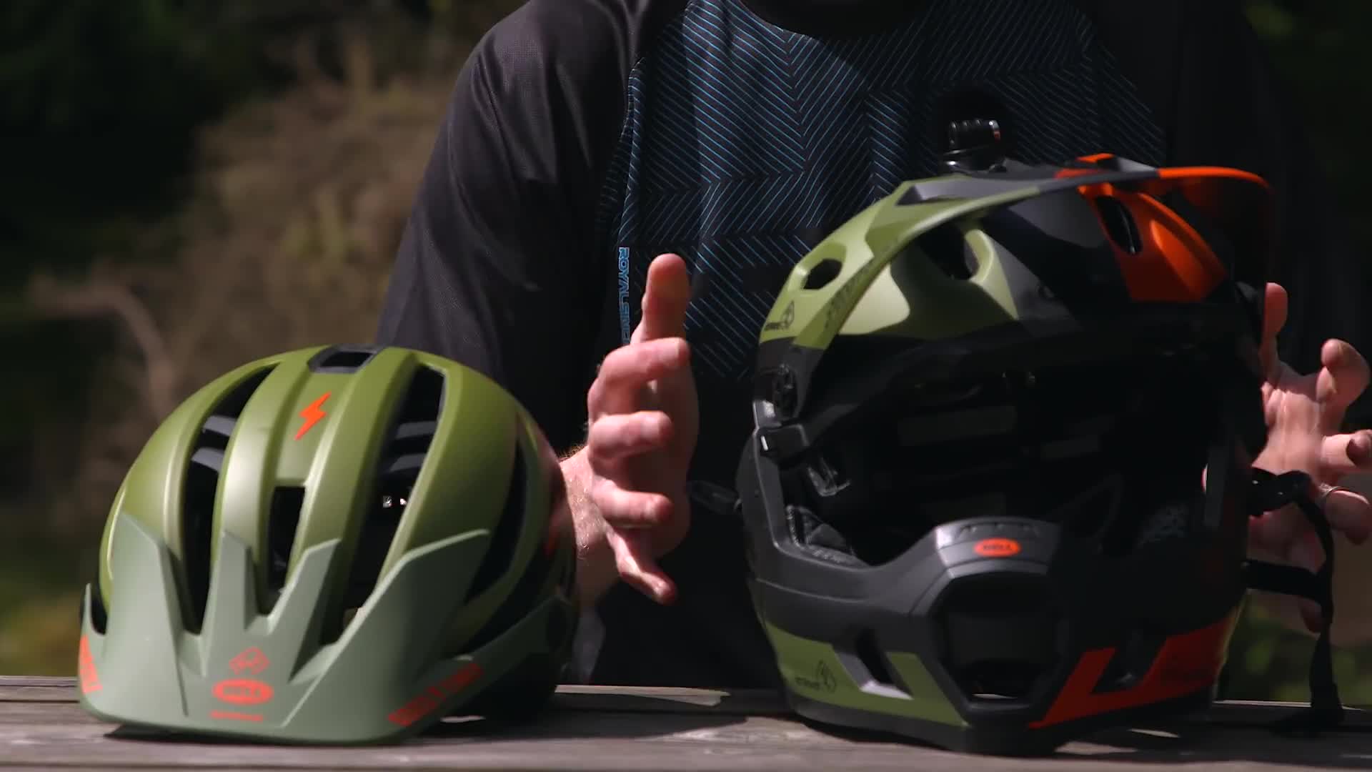 Showcase of the Bell Fasthouse Super DH helmet with detachable chin bar.