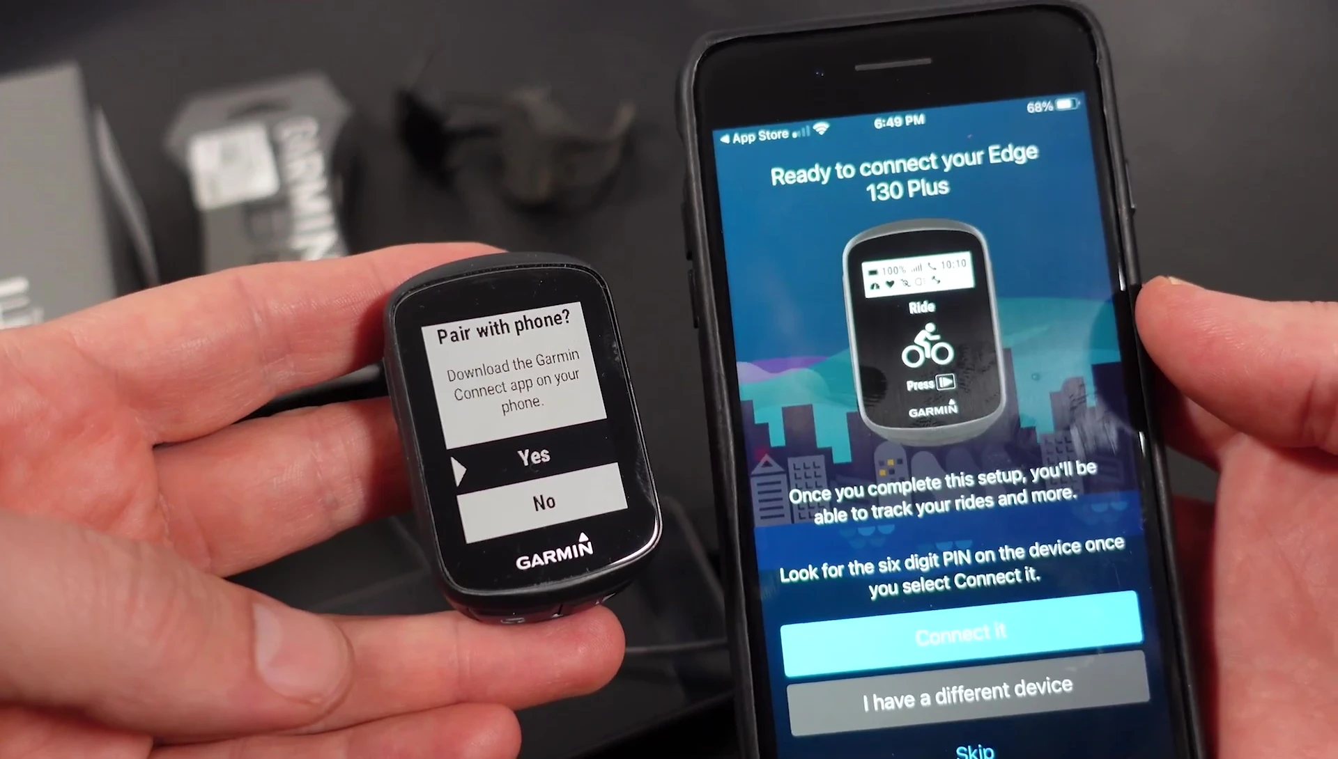 Garmin Connect app pairing with the device.