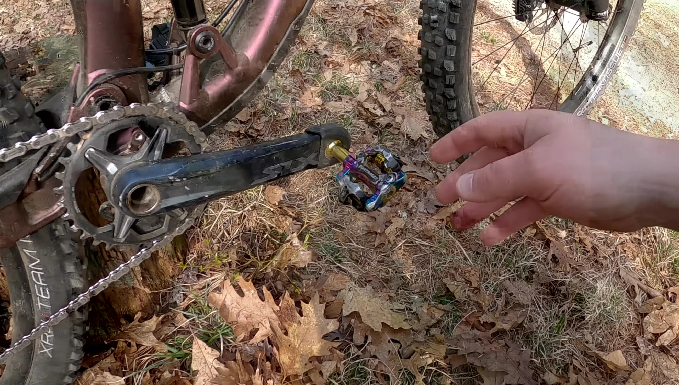 The Bontrager pedals showing wear after extensive use.