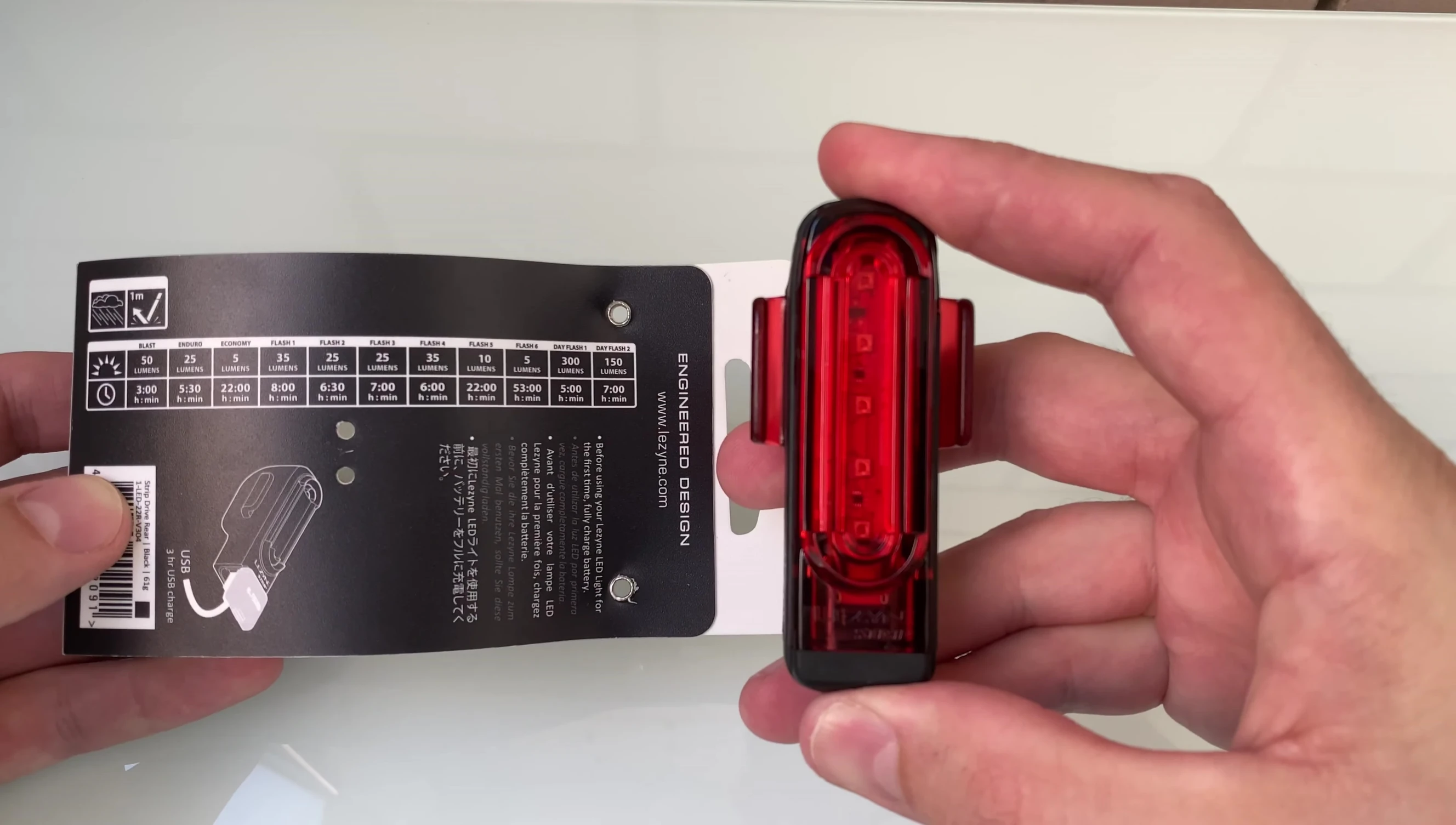 The light on its brightest setting (300 lumens).