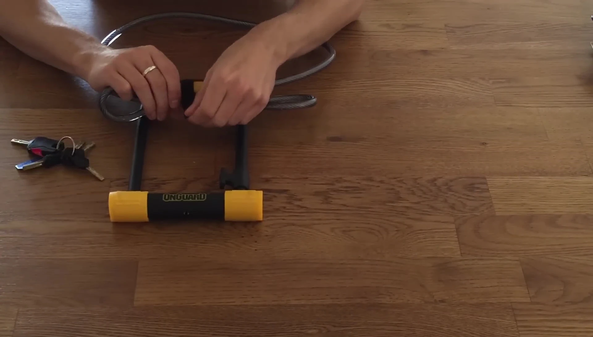 The included cable shown with the U-lock.