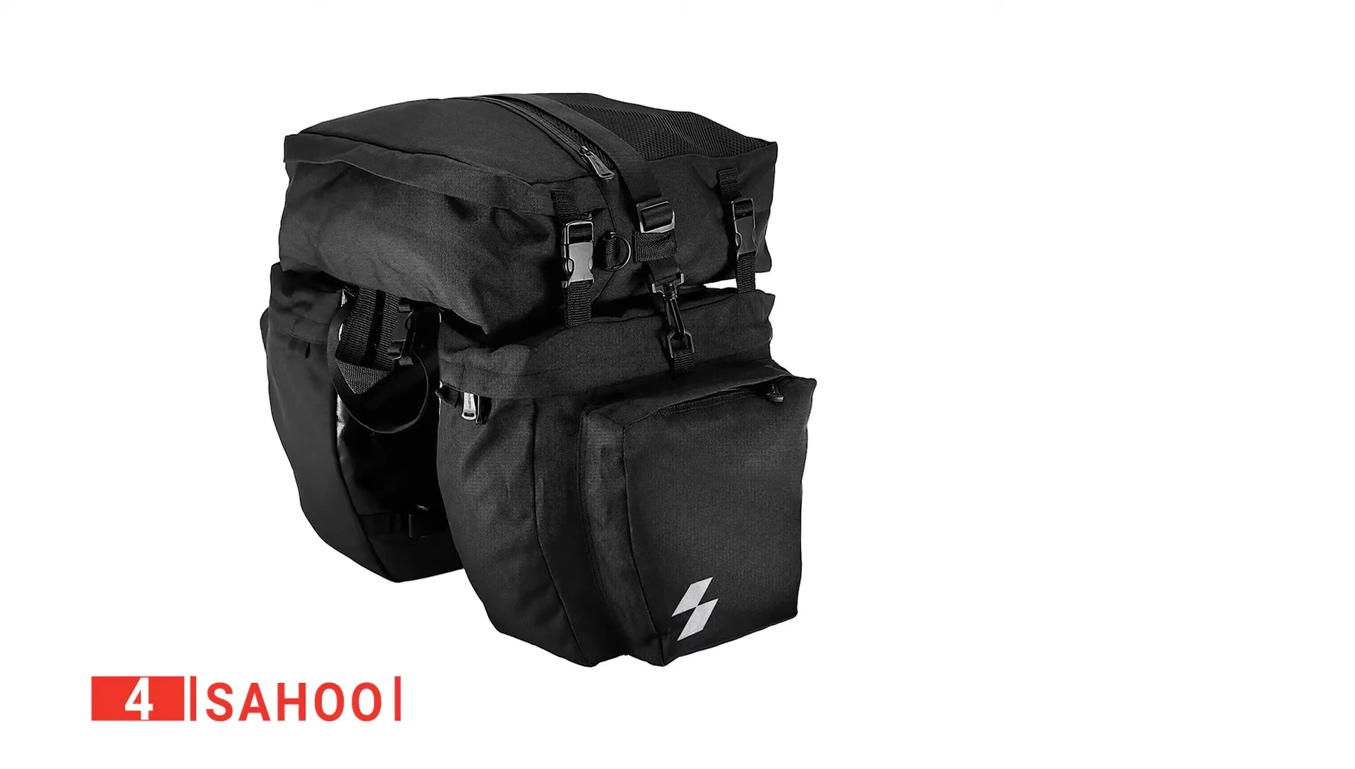 Overview of the Sahu pannier bag showing its multiple compartments.