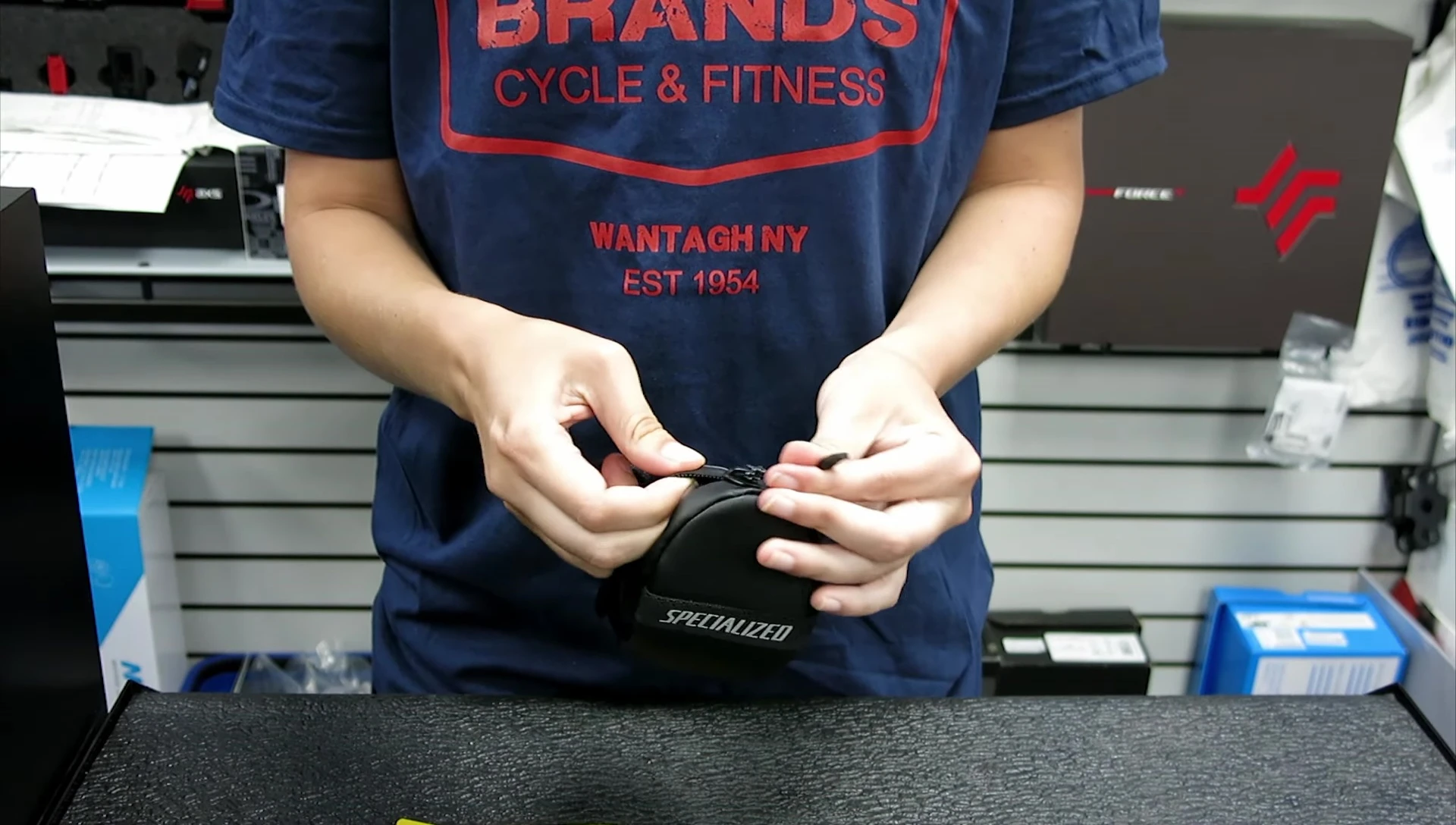 The Specialized Wedgie saddle bag being tested with cycling gear