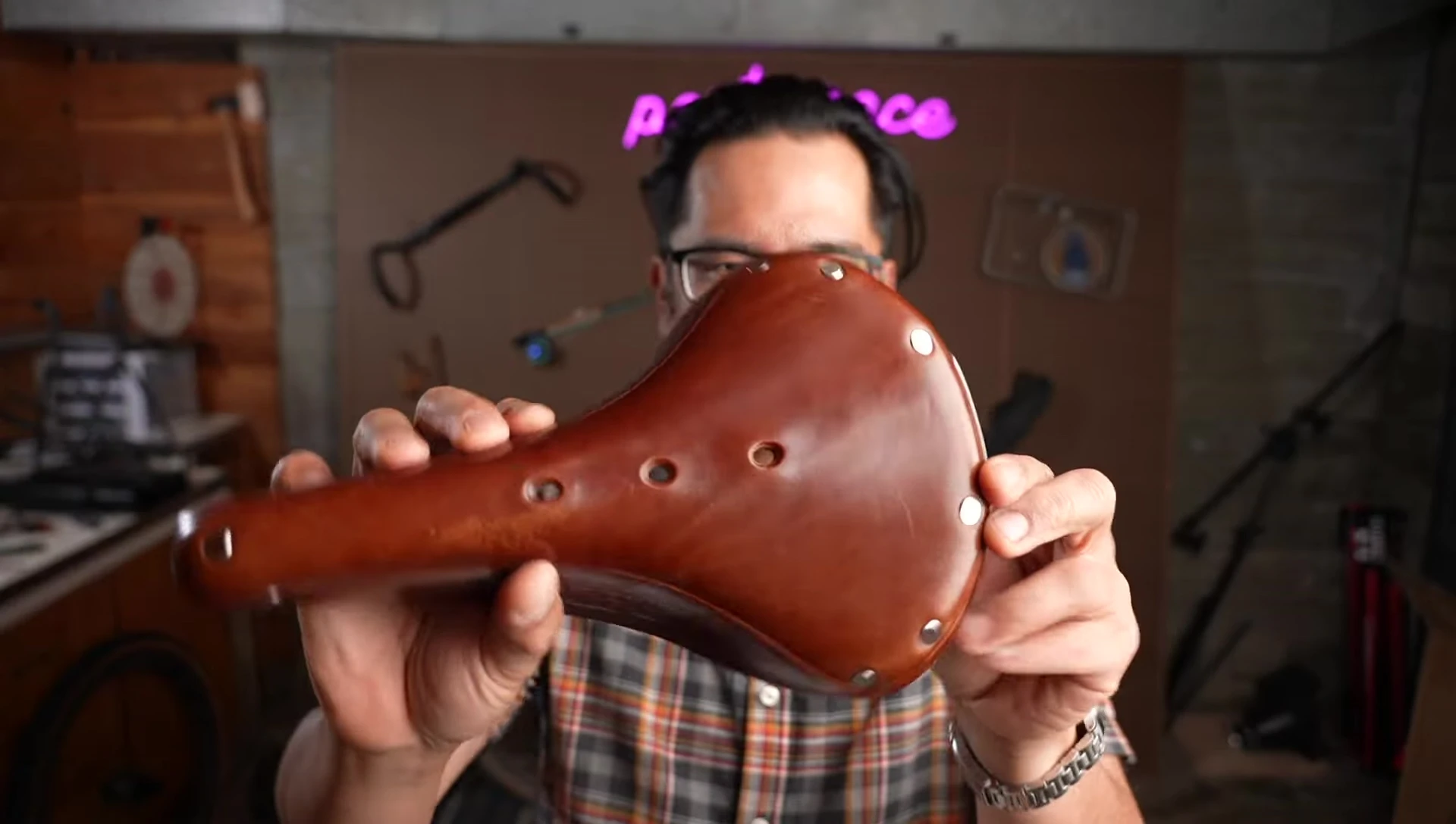 Close-up of the rivets on the Brooks B17 saddle.